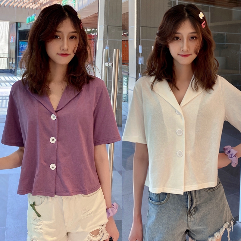 Short-style blouses woman design sensation small crowdsourced vintage shirt cotton linen suit turned V collar shirt harbour wind summer