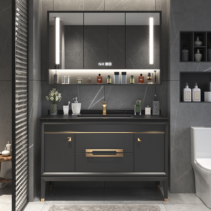 Light luxury slate one basin bathroom cabinet combination oak solid wood wash basin powder room wash basin cabinet mirror cabinet