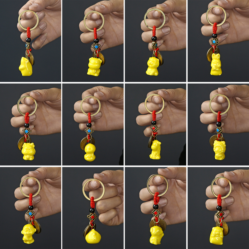 Yellow Ceramic 12 Zodiac Animal Keychain Pendant Rat Ox Tiger Rabbit Dragon Snake Horse Sheep Monkey Rooster Dog Pig Bring Good Fortune Charm