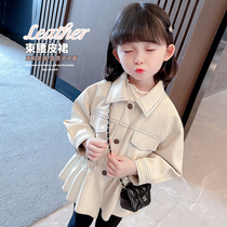 Girls fur coat net red 2022 new children foreign air windsurmounted Korean version of the womens baby PU soft leather clothing tide