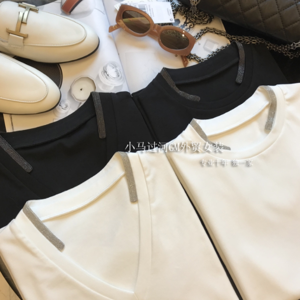 Only do y channel ~ details to determine the quality chain beaded collar round neck v collar cotton short sleeve T-shirt women spring and summer