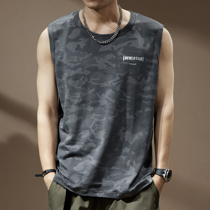 American-Style Cool Ice Silk Sweat-Absorbent Breathable Sleeveless Vest for Men, Summer Thin Camouflage Loose Sports T-Shirt Trendy