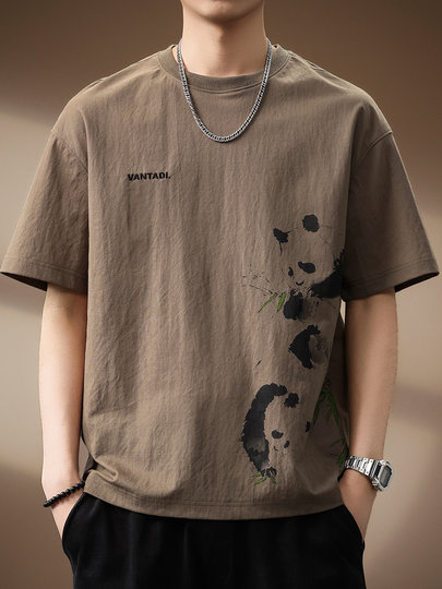 Kurzarm-T-Shirt aus Leinen mit Panda-Print im High-End-Design für Herren, Sommer, neues lockeres, großes Herren-Halbarm-T-Shirt