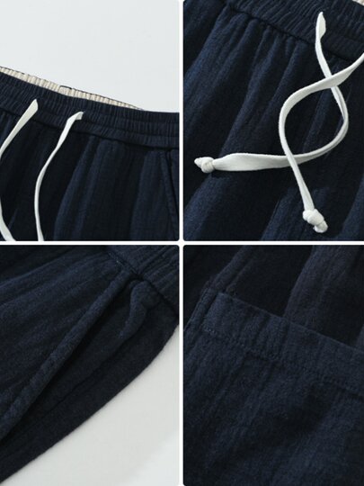 Autumn and Winter Double-Layer Linen Textured Casual Pants for Men, Japanese Retro Drawstring Elastic Waist Straight-Leg Long Pants Trendy