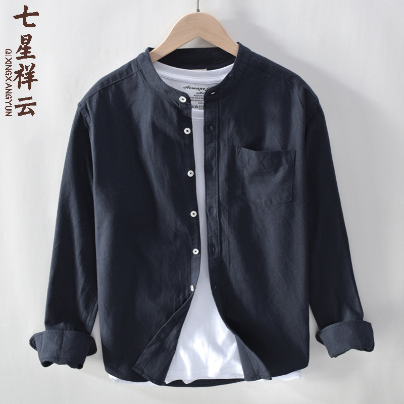 Spring and Autumn Japanese-Style Stand-Up Collar Long-Sleeve Shirt for Men, Round-Neck Loose Casual Pure Cotton Shirt Jacket, Wrinkle-Free Trendy Top