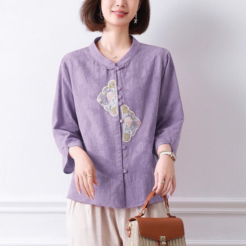 Middle-Aged Mother's Cotton Shirt, Women's Summer Clothing, Middle-Aged and Elderly Pure Cotton Top, Buttoned Embroidered Artistic Nine-Quarter Sleeve Shirt