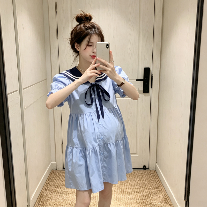 Maternity Dress for Summer with Navy Collar, Tie Straps, Puff Sleeves, and a Doll-Style Skirt That Doesn'T Show Pregnancy Lines, Stylish Summer Wear for Pregnant Women