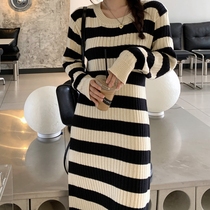 Maternity wear sweater skirt early autumn new style lazy gentle style striped knitted versatile mid-length dress winter