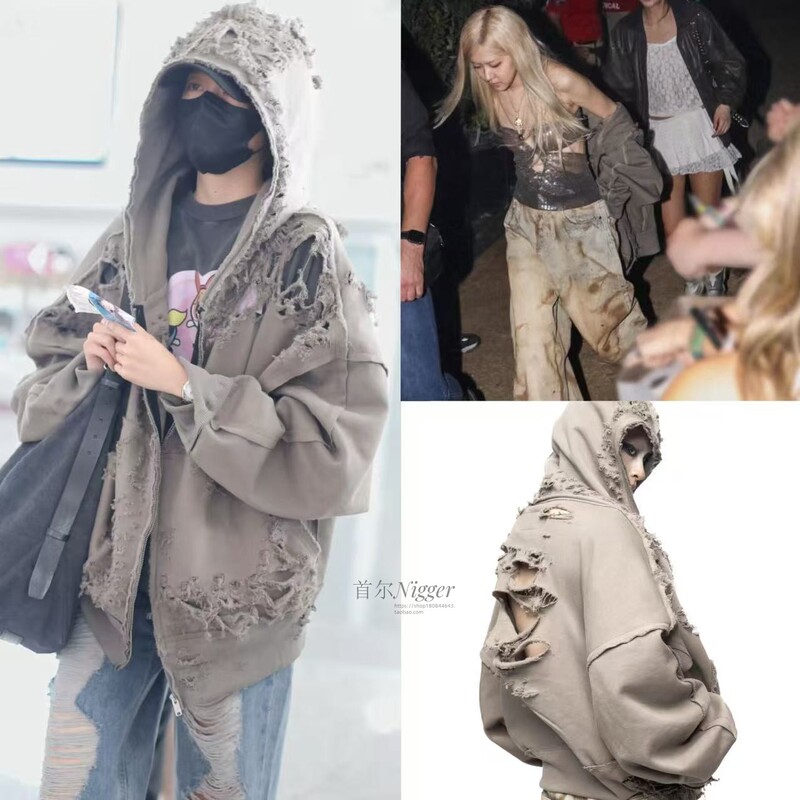 In Stock Latui Atelier Guan Xiaotong Rose Park Chae Young Same Style Distressed Worn-Out Sweatshirt Jacket