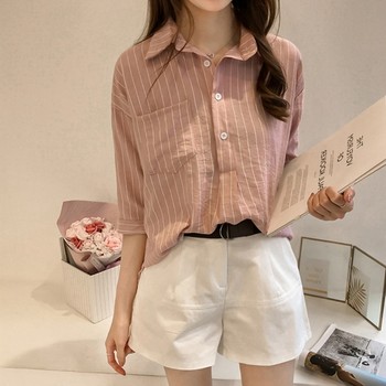 202 summer new large size Korean version loose and thin striped shirt women's three-quarter sleeve top casual shirt trend