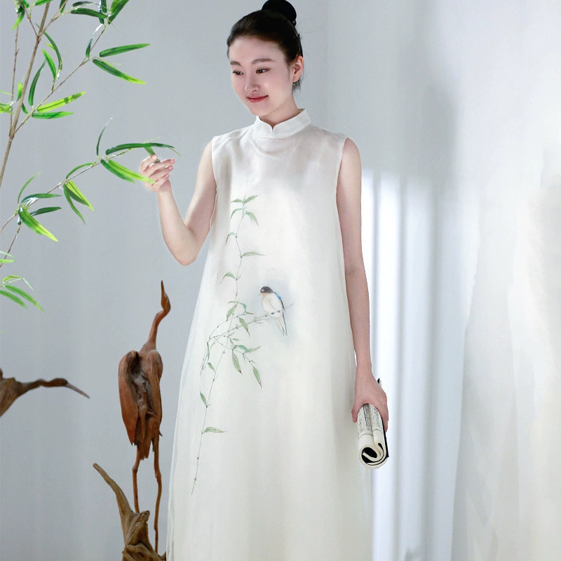 Phật Xiaoyuan Cùng rừng trúc nghe mưa cửa hàng mô phỏng bằng tay lụa tơ tằm Trung Quốc áo dài sườn xám váy nghệ thuật trà cổ điển - Sản phẩm HOT