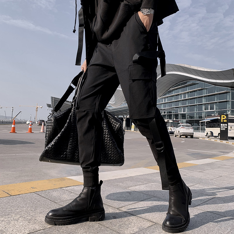 handsome tooling pants men autumn and winter 2020 new Korean version of the trend Joker black function ribbon casual tie pants