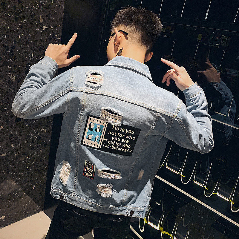 Denim coat men's Korean version of the trend handsome Joker autumn and winter holes washed jacket Net Red Tide brand spring and autumn coat