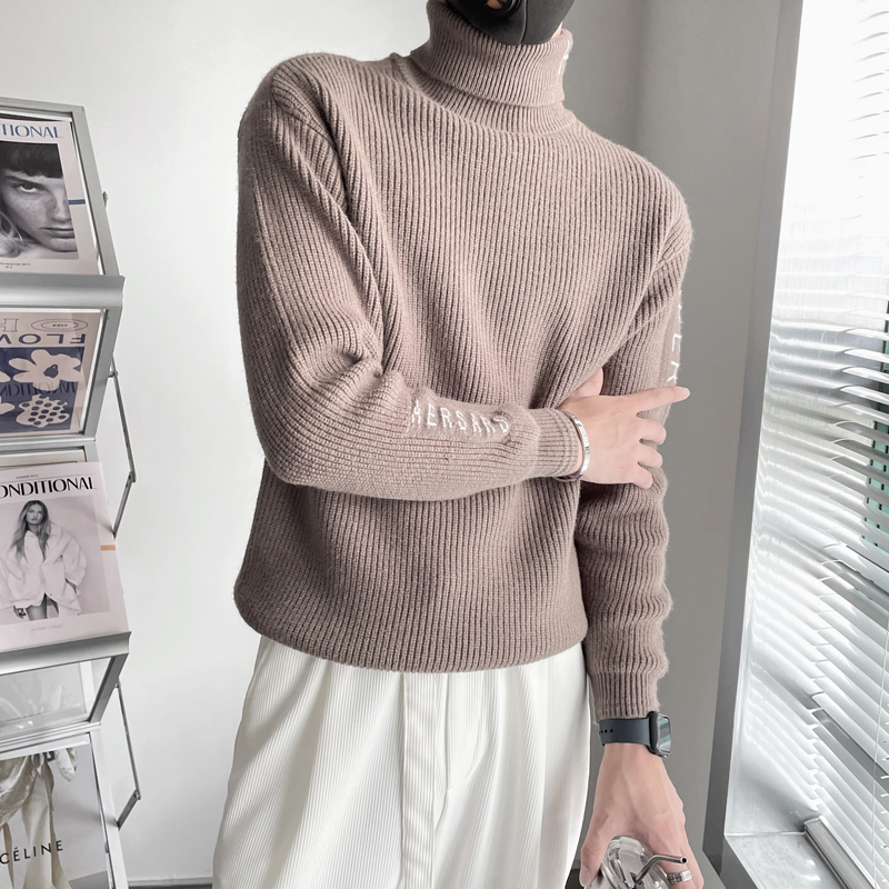 Turtleneck Sweater Men's Winter 2021 New Korean Trend Knitted Sweater Pure Color Advanced Sense Embroidery base shirt Top