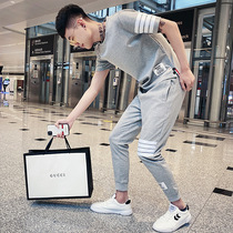 Short-sleeved T-shirt mens summer leisure sports handsome lapel polo shirt two-piece Net Red Tide brand pants suit