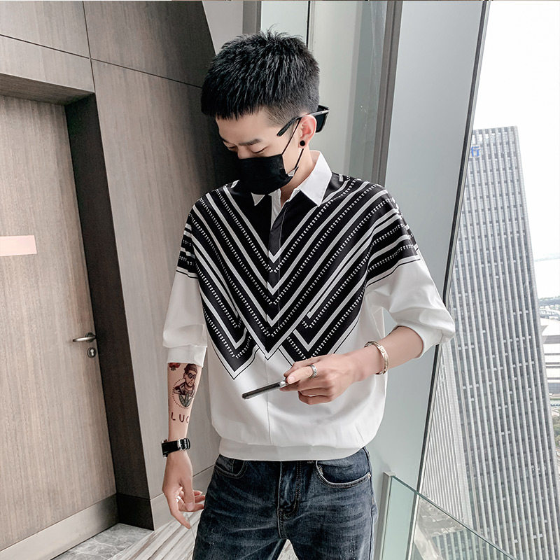 Social spirit guy short sleeve shirt male summer seven half sleeve loose trend hair stylist Tide brand bat shirt