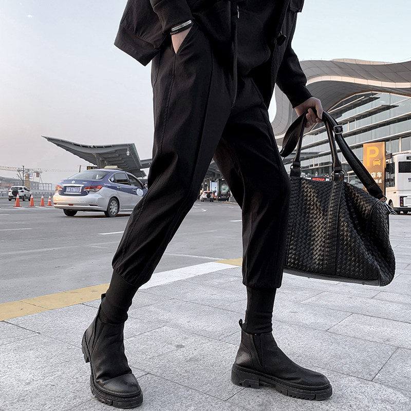 Black casual pants men's autumn and winter 2021 New Korean version of the trend Ruffian handsome brand plus velvet padded padded bunched toe pants