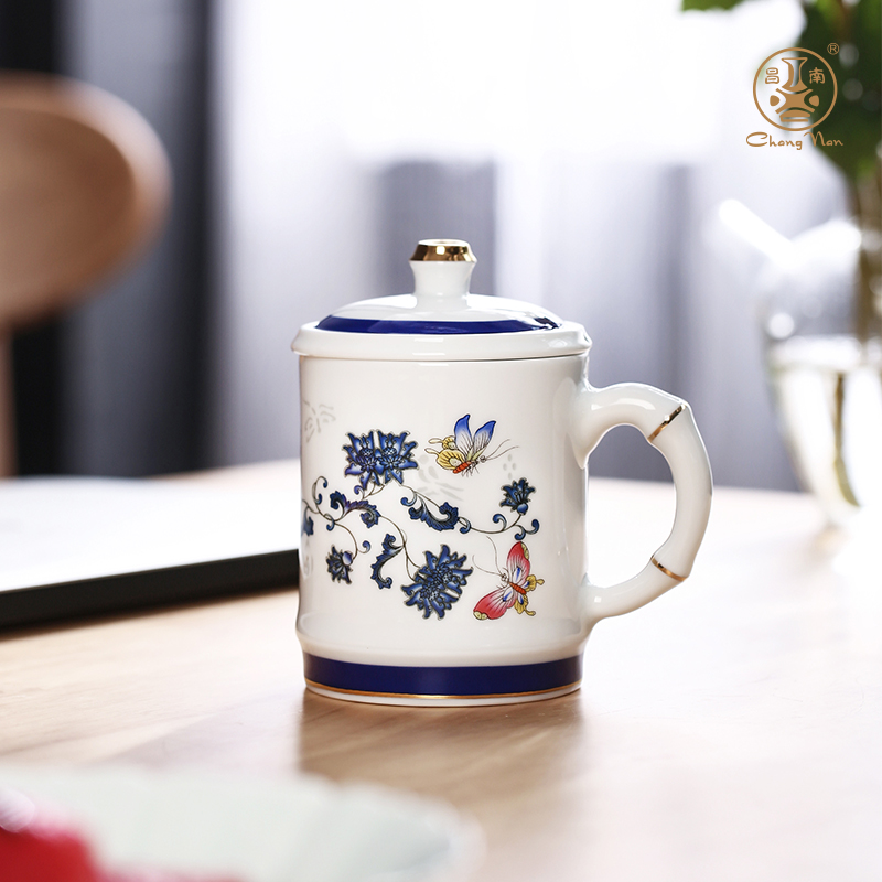 Changnam ceramic with lid filter tea cup Jingdezhen office tea tea tea office cup Qingflower Lingang powder color