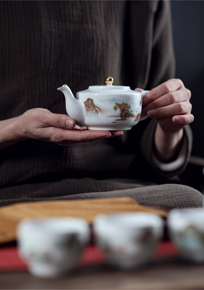 Chang south ceramic white porcelain hand - made paint landscape Yin Lin, 8 sets of kung fu tea set of jingdezhen ceramic teapot tea