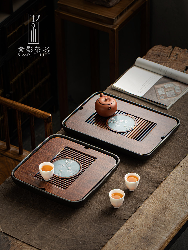 Chinese style ceramic tea tray Home Small water storage Dry Bubble Formosa Carbonated Tray Bamboo Korn Tea With Drain Pan Solid Wood