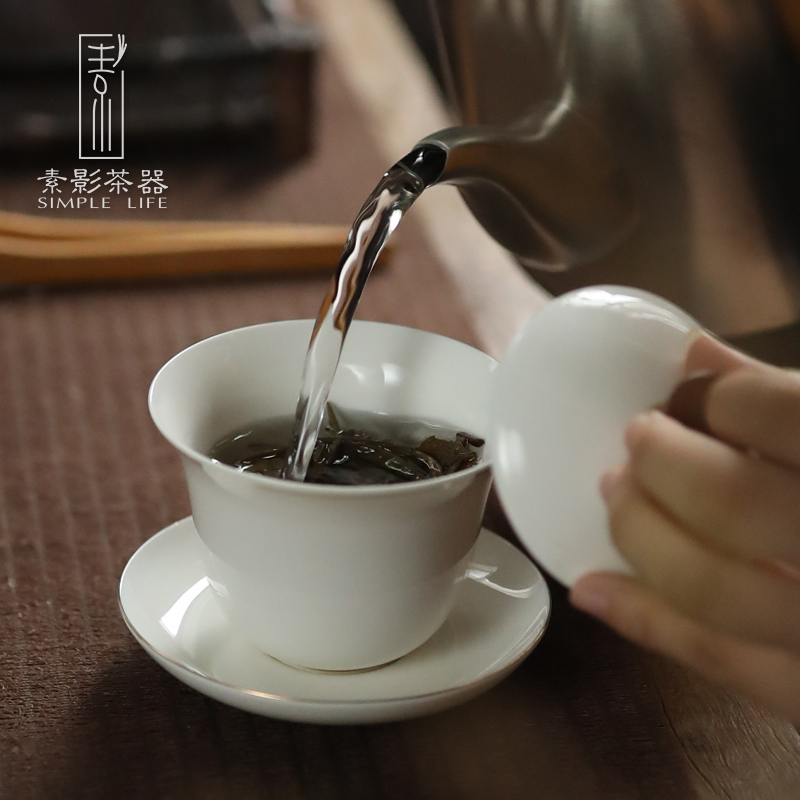 Plain film sweet white glazed porcelain tureen large tea cups manual only three bowl bowl of kung fu suit household tea