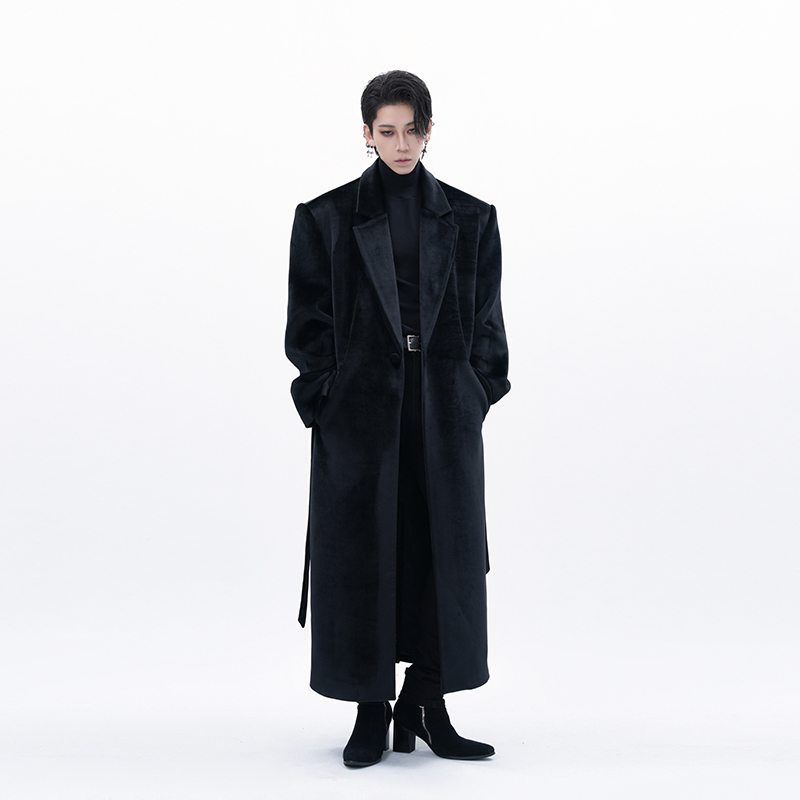 Harh "Rain in New York" Liu Yuning's Same Style Black Velvet Woolen Coat, Winter Belted Long Woolen Coat