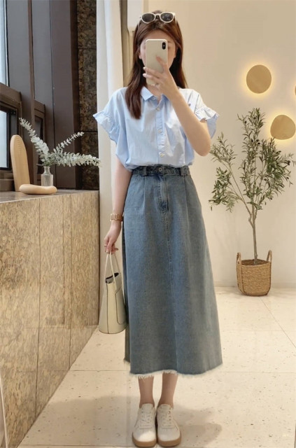 French ruffled short-sleeved shirt high-waisted denim skirt suit for women 2024 summer simple casual two-piece set