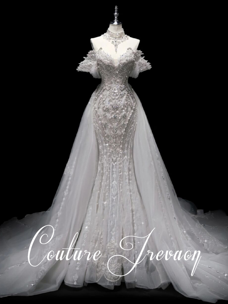 2023 new face-style fish tail sexy straight shoulder main wedding dress bridal light wedding dresses high-end gown dress outskirt dresses-Taobao