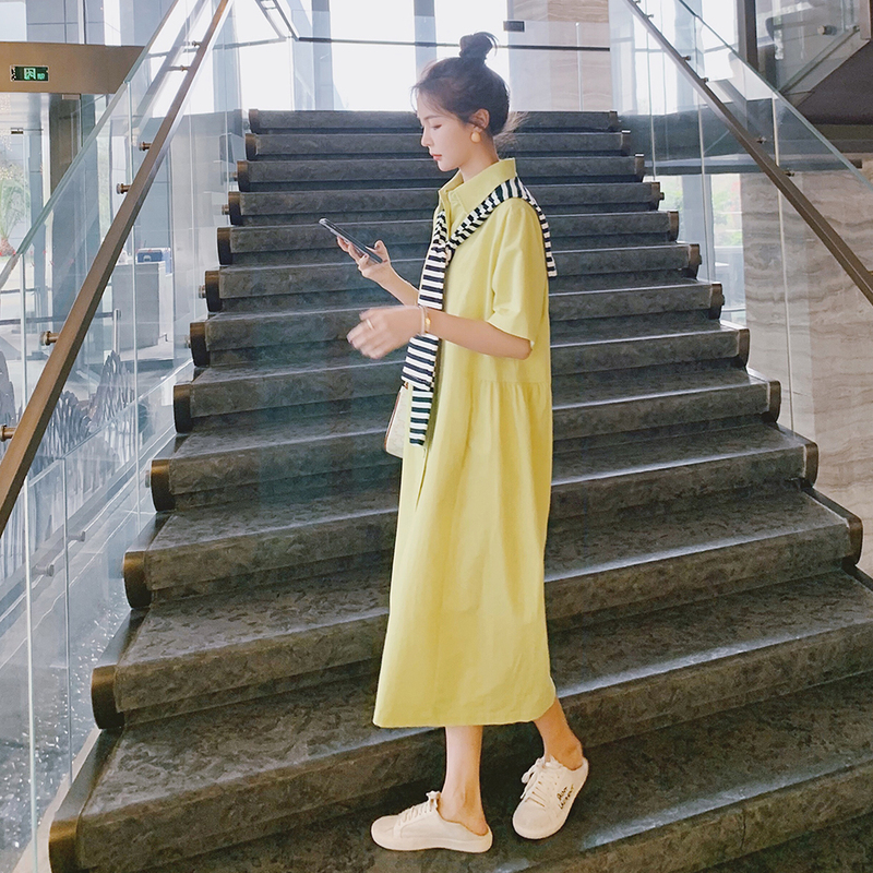 Striped Shawl Dress for Women, Summer Loose Fit, Tummy-Covering, Age-Reducing, Mid-Length, 2026 New Style, Yellow Fresh Shirt Dress