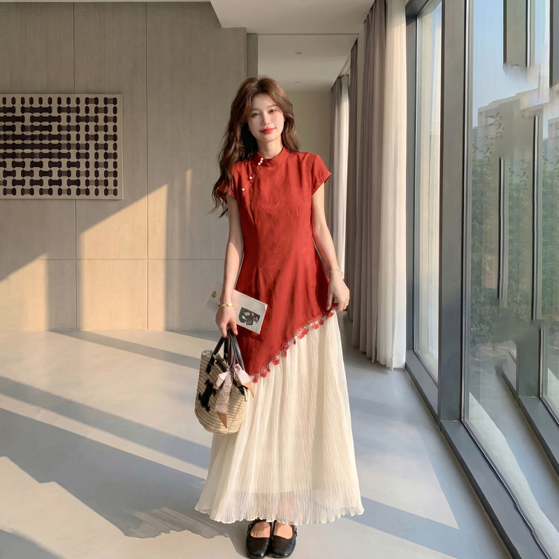 New Chinese-Style Faux Two-Piece Tassel Dress for Women, Summer 2026 New Model, Elegant, Slimming, Age-Reducing, Mid-Length Red Dress