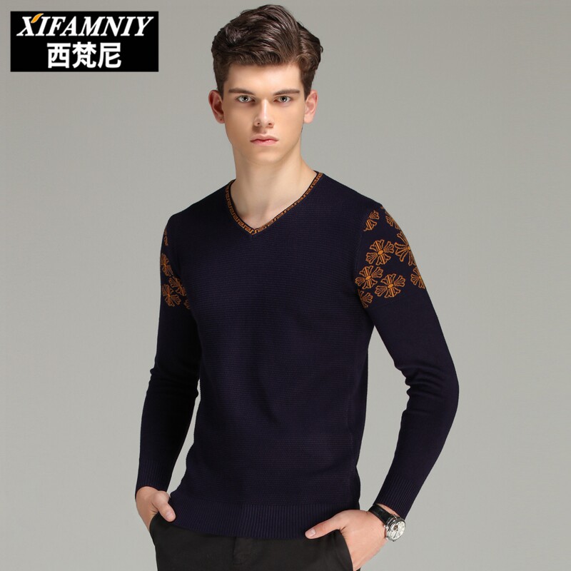 冬季加绒加厚长袖男士青年韩版V领纯色修身毛衣男装针织打底衫潮