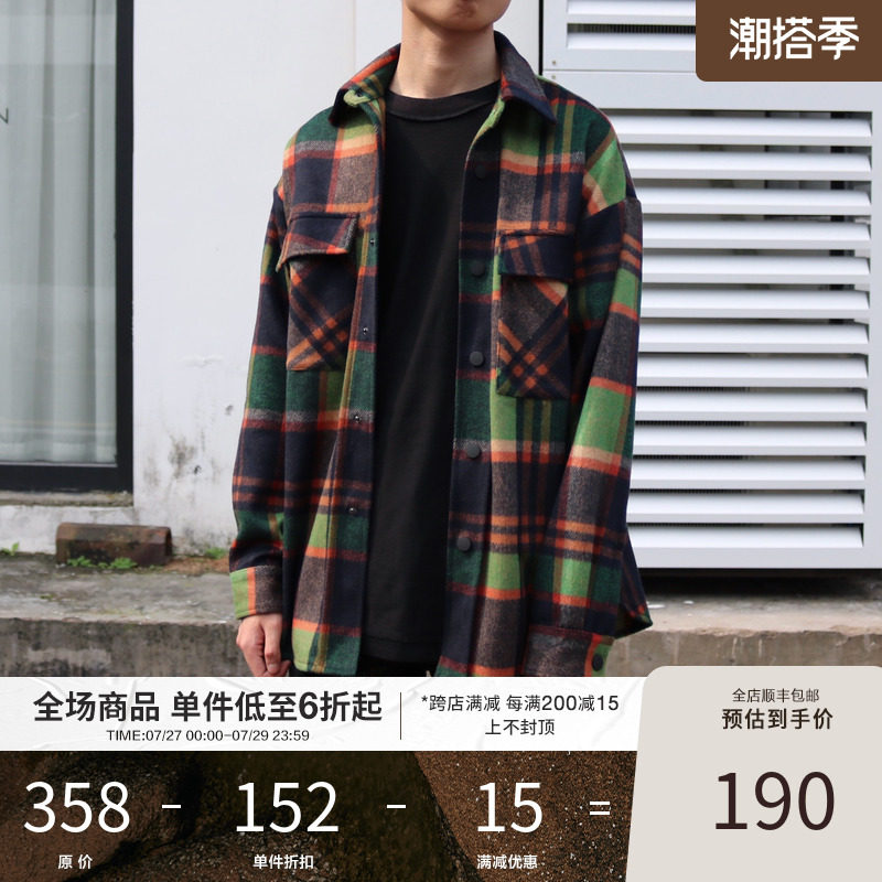 BONELESS Retro Gge Wool Blend Loose Casual Long Sleeve Shirt Street Tide Man Plaid Jacket