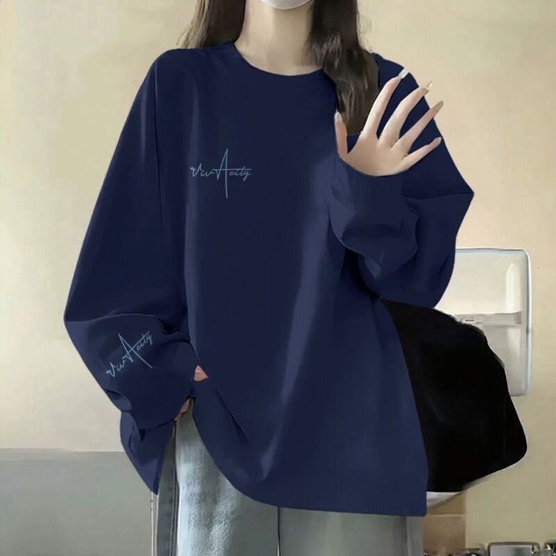 Korean Style Loose Cotton Long-Sleeve T-Shirt for Women, Dark Blue, Round Neck, Letter Print, Thin Outerwear Base Shirt Top ins