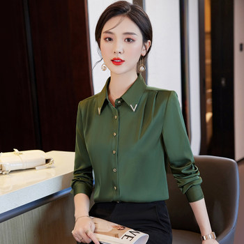 Ladies satin shirts autumn and winter new products small tops Western fashion fashion green long-sleeved temperament OL shirts