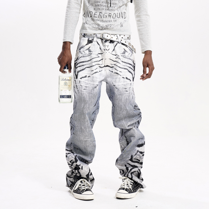 Fourth3Ex Zebra Print Jeans for Men, Autumn, Visual Style Niche Distressed Straight-Leg Pants for Men and Women Fourth3Ex Zebra Print Jeans for Men, Autumn, Visual Style Niche Distressed Straight-Leg Pants for Men and Women