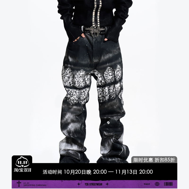 Fourth3Ex Visual Style Three-Dimensional Tooth Print Flared Jeans for Men, Autumn Light Cyberpunk Straight-Leg Pants