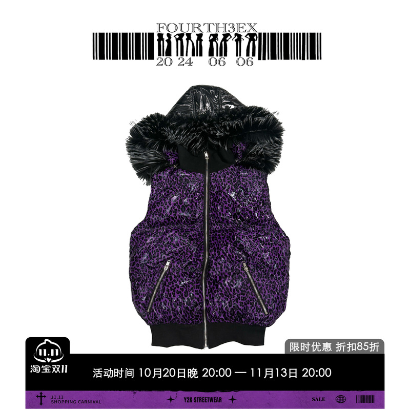 Fourth3Ex Subculture Leopard Print Fur Collar Hooded Vest Jacket for Men, Autumn and Winter, Lightweight Thickened Sleeveless Waistcoat Fourth3Ex Subculture Leopard Print Fur Collar Hooded Vest Jacket for Men, Autumn and Winter, Lightweight Thickened Sleeveless Waistcoat