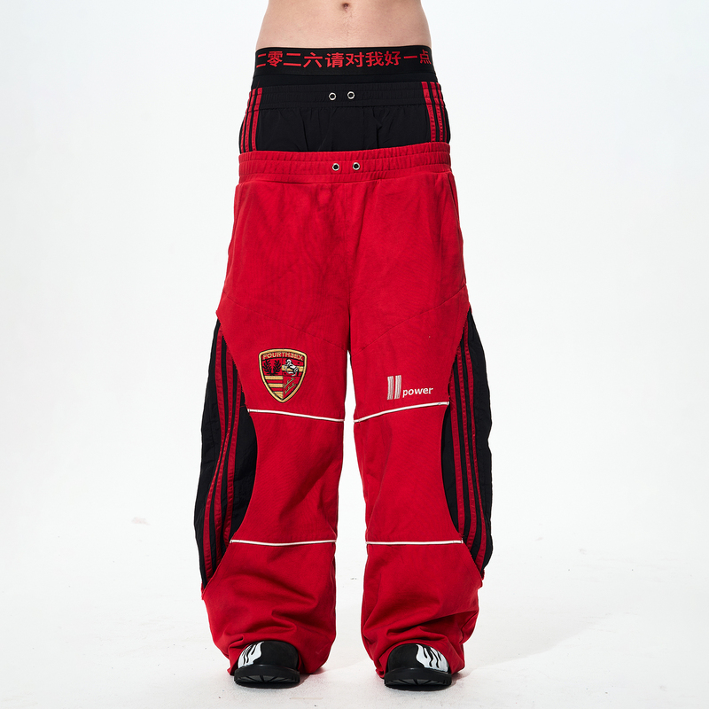 Fourth3Ex 26Ss Red Three-Stripe Faux Two-Piece Double Waistband Sweatpants for Men, Winter Embroidered Badge Casual Pants
