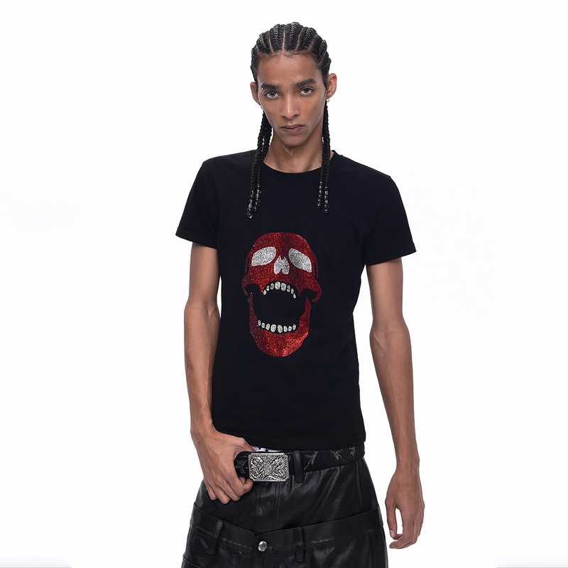 Fourth3Ex Demon Skull · Visual Style Right-Shoulder Short-Sleeve Men's 2026 Summer Rhinestone Print Round Neck Short-Sleeve