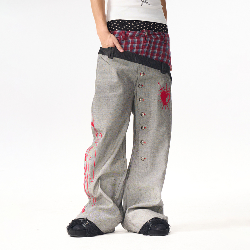Fourth3Ex Subculture Reverse-Wear Raw Denim Jeans for Men 2026 New Style Plaid Patchwork Double Waistband Wide-Leg Pants Fourth3Ex Subculture Reverse-Wear Raw Denim Jeans for Men 2026 New Style Plaid Patchwork Double Waistband Wide-Leg Pants