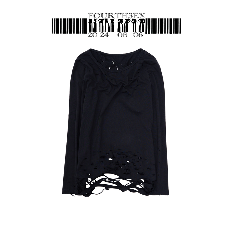 Fourth3Ex Light Black Distressed Long Sleeve T-Shirt for Men, Autumn Subculture Black Base Layer Trendy Top Fourth3Ex Light Black Distressed Long Sleeve T-Shirt for Men, Autumn Subculture Black Base Layer Trendy Top