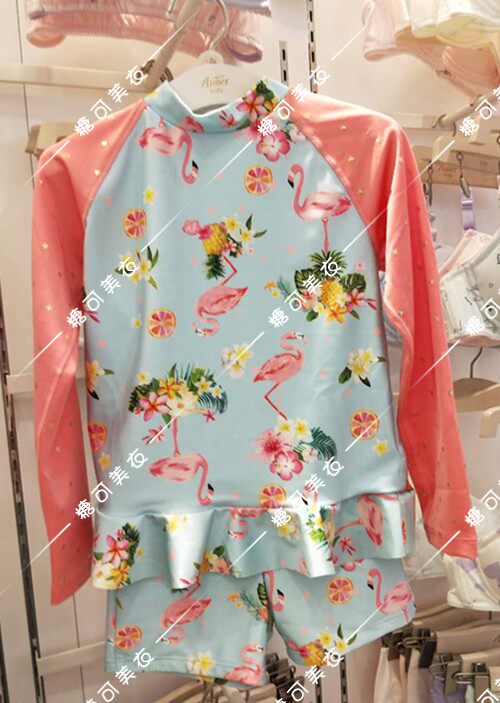 Set prices for children AK 1673204 Equipment Flamingo Girl Sleeve Sun - proof Swimsuit Short Cap