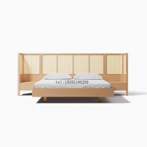 New Chinese style rattan solid wood simple log color bed B&B club model room bedroom double bed furniture customization