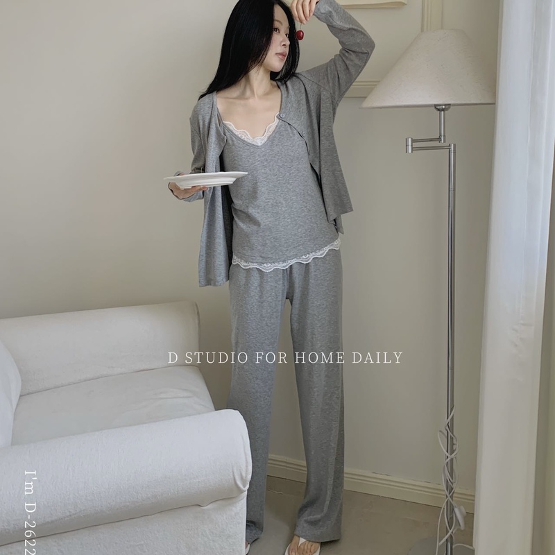 Women's Spring and Autumn Pajamas, No Need to Wear a Bra, Lace Camisole, Three-Piece Set for Walking, Soft and Comfortable Loungewear Set