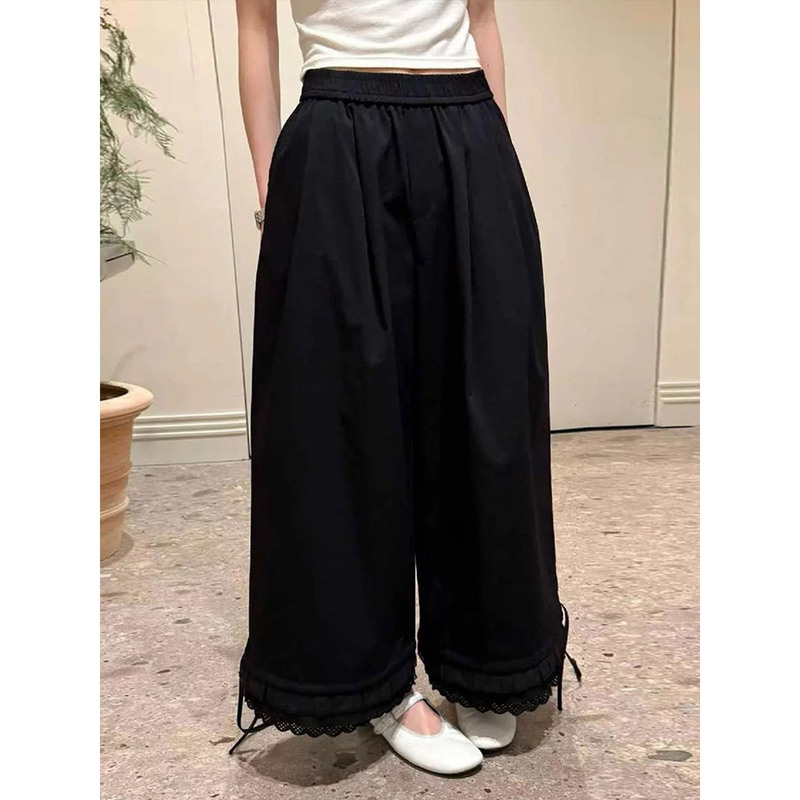 White High-Waisted Lace-Trimmed Wide-Leg Pants for Women, European Style, 2026 Spring/Summer, Loose Fit, Slimming, Drawstring, Relaxed Casual Pants White High-Waisted Lace-Trimmed Wide-Leg Pants for Women, European Style, 2026 Spring/Summer, Loose Fit, Slimming, Drawstring, Relaxed Casual Pants