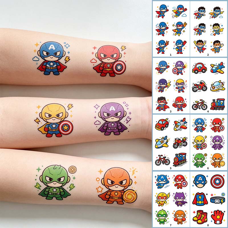Cartoon Superhero Temporary Tattoo Stickers for Kids, Cute Waterproof Superman Airplane Stickers, Decorative, Non-Toxic and Washable Cartoon Superhero Temporary Tattoo Stickers for Kids, Cute Waterproof Superman Airplane Stickers, Decorative, Non-Toxic and Washable