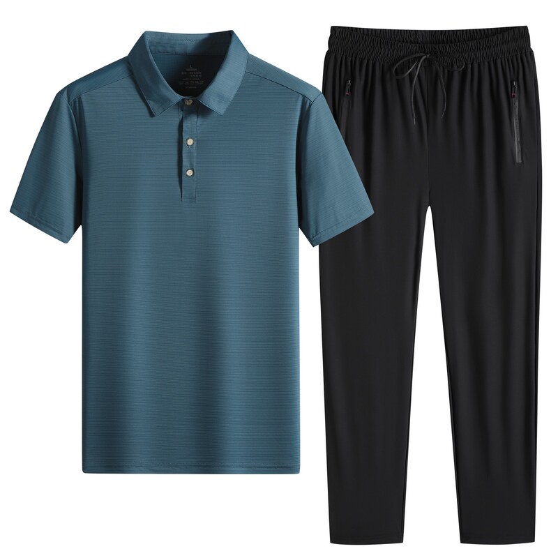 Summer Short Sleeve T-shirt Men Suit Business Casual Turtlenecks Ice Silk Speed Dry Polo Cardigan Pants Dad Dress Summer Clothes