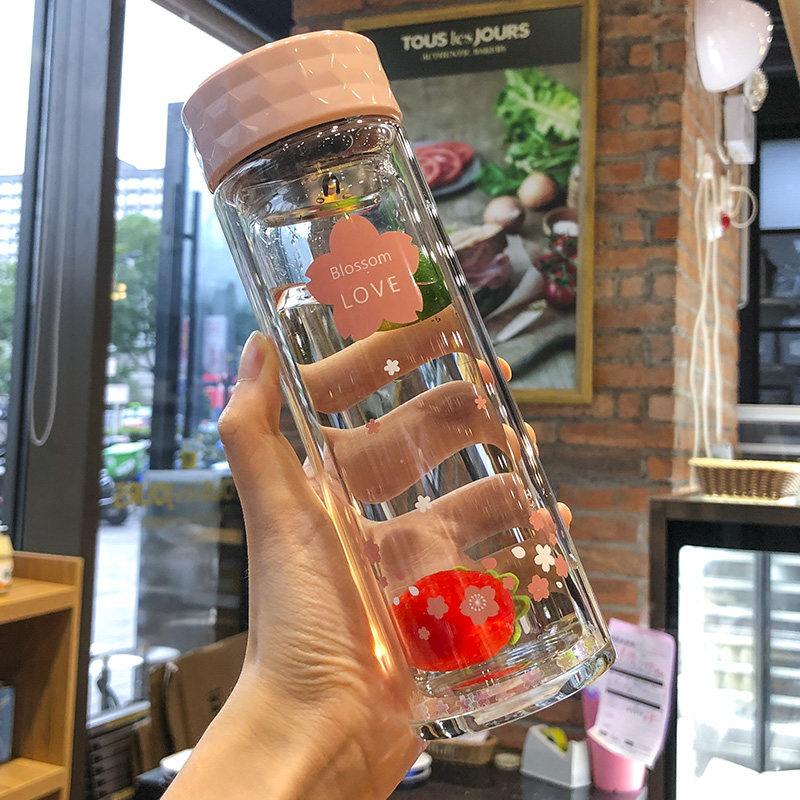 Small frescoed double layer insulation high temperature resistant glass cup with tea sepal tea water cup portable accompanying cup female moron cup