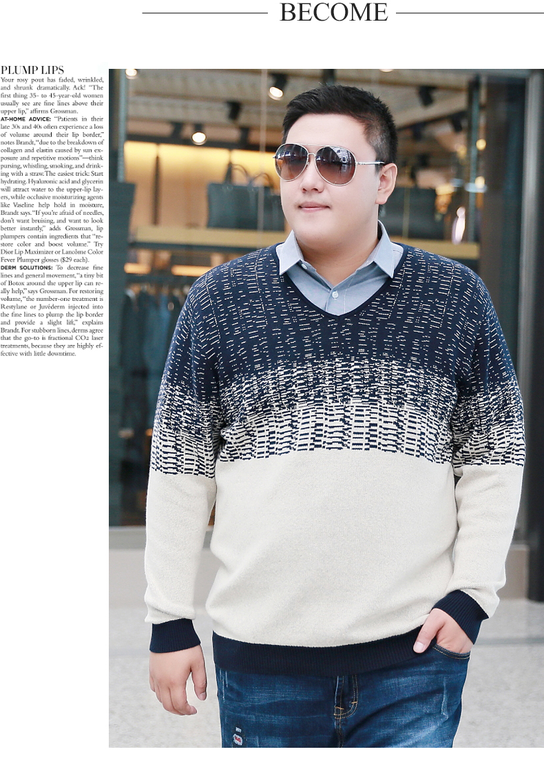 Quần áo nam size lớn cộng với phân bón để tăng thu đông mùa đông mới cực to béo mập sweater Áo len cổ chữ V áo len dài tay nam - Áo len áo len