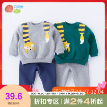 Beibeiyi boys set spring and autumn 2021 new childrens baby plus velvet cartoon sweater trousers two-piece set